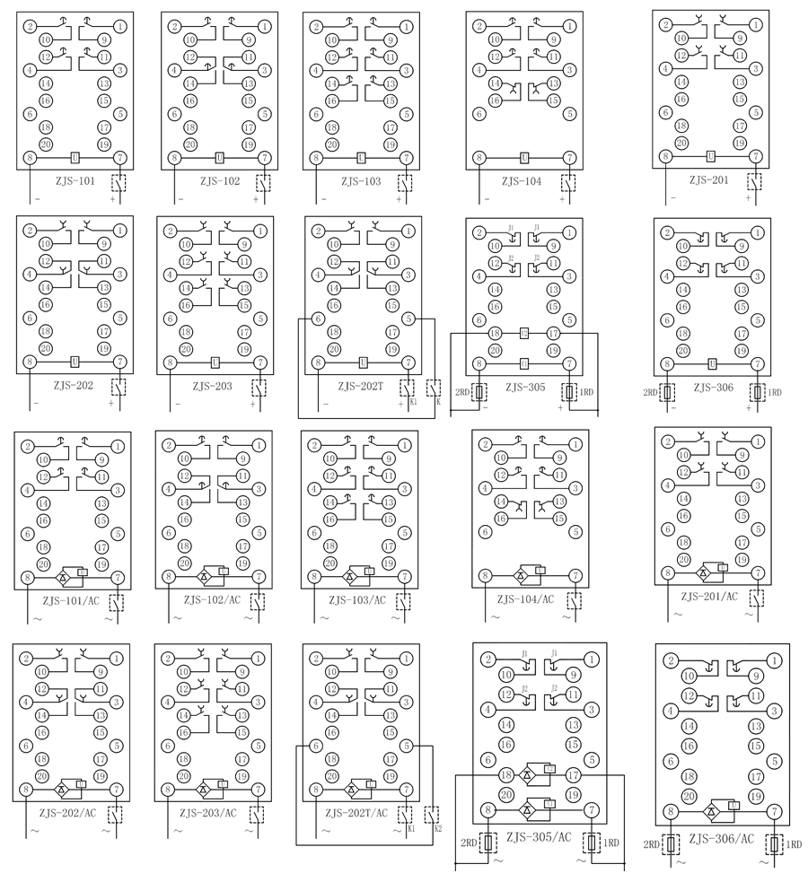 ZJS-345延時(shí)中間繼電器內(nèi)部接線圖